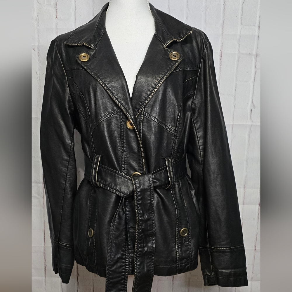 CYNR Modern Double-Breasted Belted Faux Leather Jacket